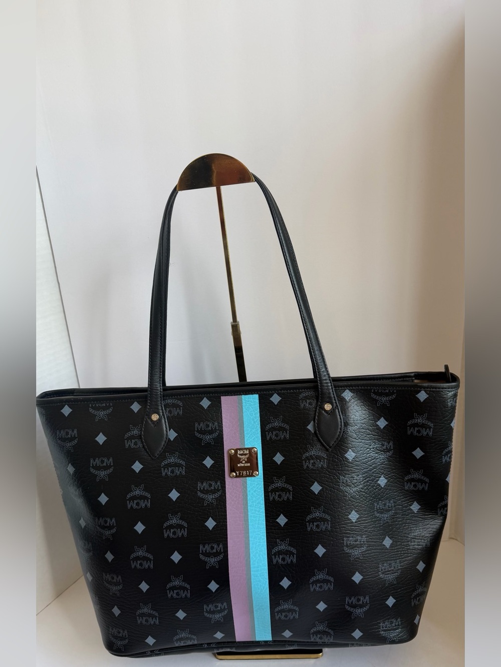 MCM Black Logo Stripe Tote with Purple and Aqua Accents - Picture 3 of 13